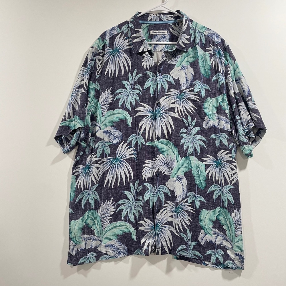 Tommy Bahama Mens XXL Silk Palm Leaf‎ Print Short Sleeve Camp Shirt Navy Blue